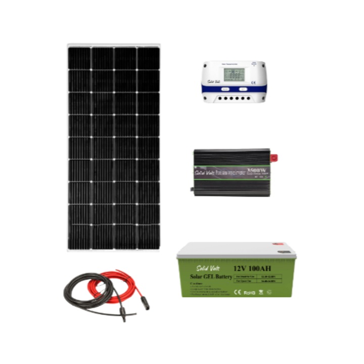 Kit solar fotovoltaic off grid Solid Volt, invertor 3500W/7000W 12V, panou solar 200W, regulator/ controller 30A, baterie solara cu gel 105Ah si 20 m cablu solar cabana, rulota, casa, autorulota, container, iluminat