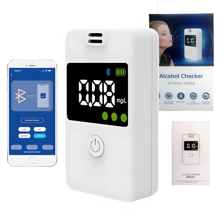 Tester Alcool Digital KALEPO®, Bluetooth, 9 Functii, Etilotest Profesional, Contact-Less, Usor de Folosit, Portabil, Testarea Alcoolemiei cu Precizie Marita, LCD, Pentru uz personal, petreceri, testarea angajatilor, evidenta istoric
