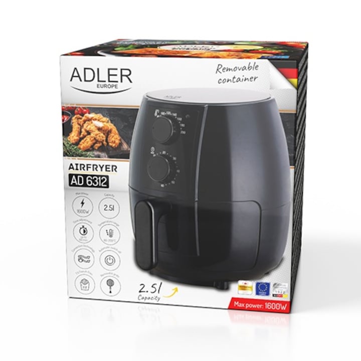 Friteuza cu aer cald Adler AD 6312, 2, 5 L, 1600W, Negru