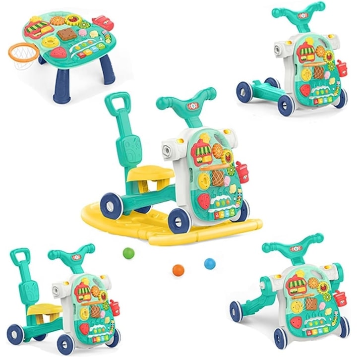 Antemergator Multifunctional 5in1 Rollix Indiggo® Balansoar / Scooter / Premergator / Centru de Activitati / Tricicleta cu Maner, Muzica si Lumini, Panou Detasabil, Pian, Forme Colorate, Roti Antiderapante si Blocabile, Rezervor cu Apa, Green