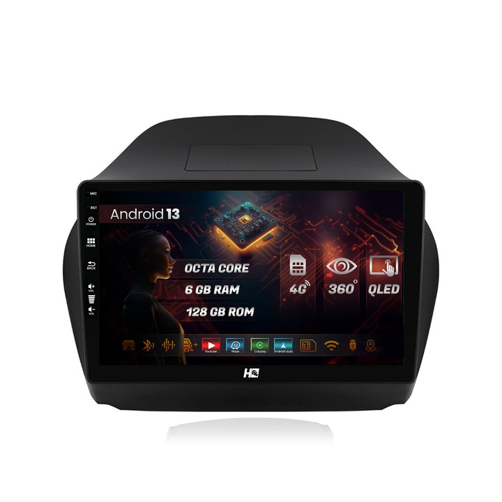 Navigatie HUB64 Hyundai IX35 (2009-2015), 6GB RAM, Android 13, Octacore, Slot Sim 4G, DSP, GPS, Wi-FI, Carplay, Android Auto, USB, Bluetooth, Waze, Touchscreen, 9 Inch