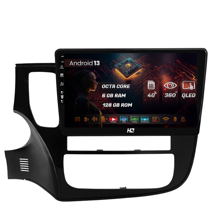 Navigatie HUB64 Mitsubishi Outlander (2013-2020), 6GB RAM, Android 13, Octacore, Slot Sim 4G, DSP, GPS, Wi-FI, Carplay, Android Auto, USB, Bluetooth, Waze, Touchscreen, 10.1 Inch