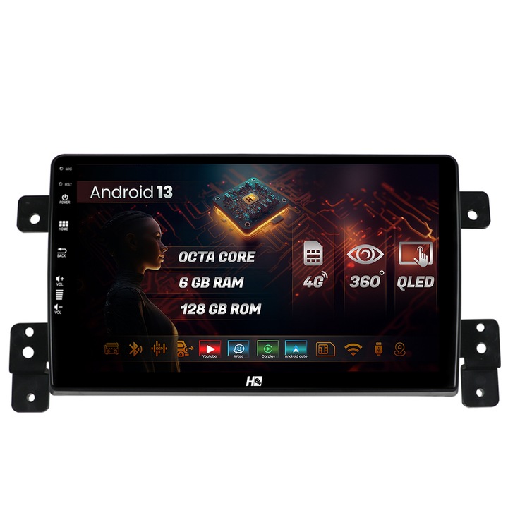 Navigatie HUB64 Suzuki Grand Vitara (2005-2015), 6GB RAM, Android 13, Octacore, Slot Sim 4G, DSP, GPS, Wi-FI, Carplay, Android Auto, USB, Bluetooth, Waze, Touchscreen, 9 Inch