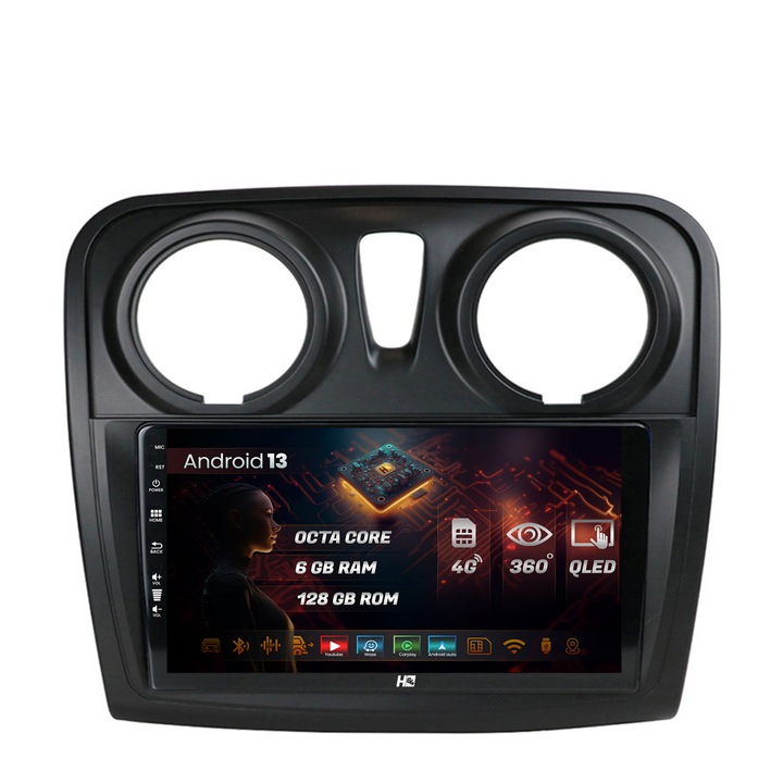 Navigatie HUB64 Dacia Logan, Sandero, 6GB RAM, Android 13, Octacore, Slot Sim 4G, DSP, GPS, Wi-FI, Carplay, Android Auto, USB, Bluetooth, Waze, Touchscreen, 9 Inch v2