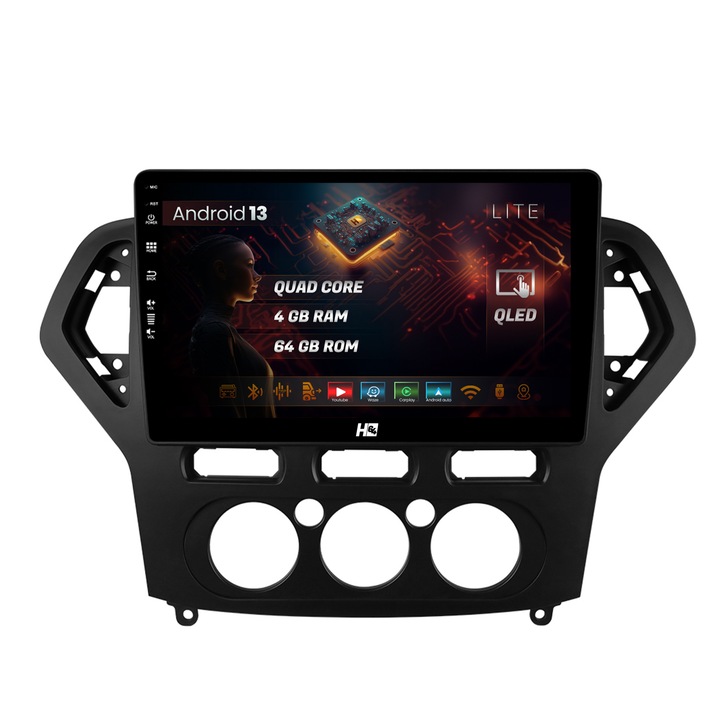 Navigatie HUB64 Ford Mondeo (2007-2010) Clima Manuala, 4GB RAM, Android 13, Quadcore, DSP, GPS, Wi-FI, Carplay, Android Auto, USB, Bluetooth, Waze, Touchscreen, 9 inch