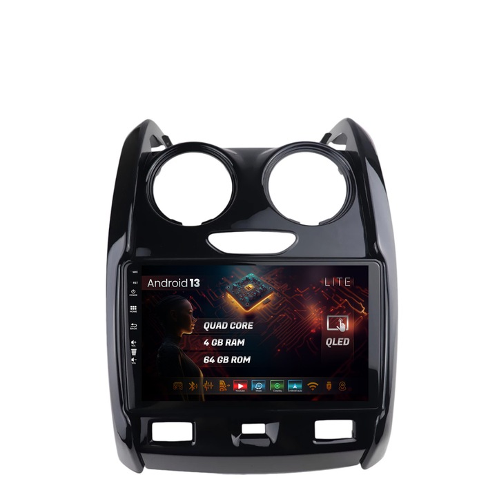 Navigatie HUB64 Dacia Duster (2012-2019), 4GB RAM, Android 13, Quadcore, DSP, GPS, Wi-FI, Carplay, Android Auto, USB, Bluetooth, Waze, Touchscreen, 9 inch