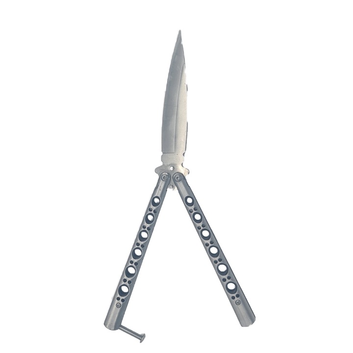 Pillangó kés pengével, acél, fantomlyuk modell, 24 cm, szürke, dalimag