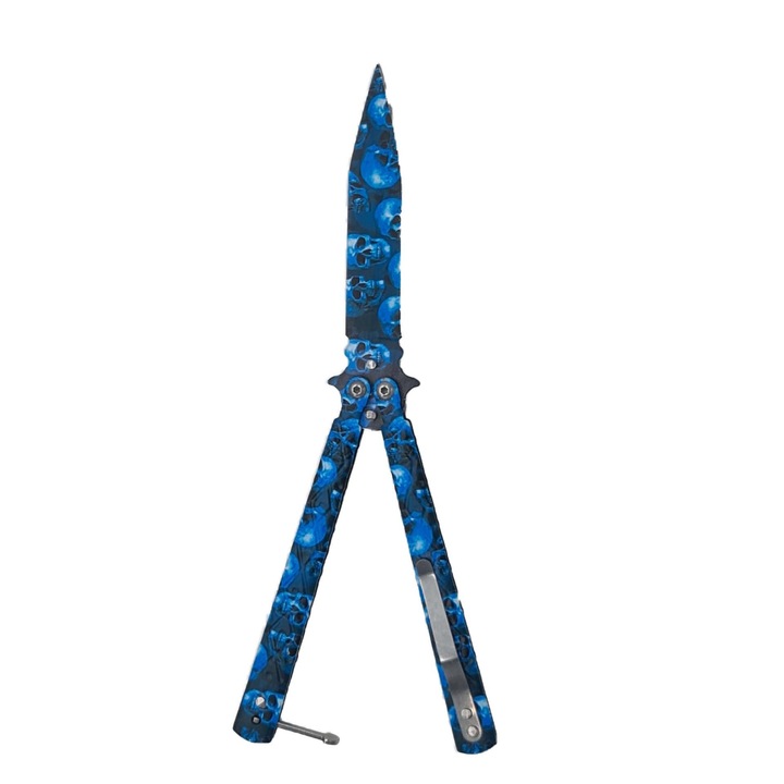 Briceag Fluture Cu Tais, Din Otel, Model Cranii M3, sistem prindere curea, 22 cm, Albastru, Dalimag