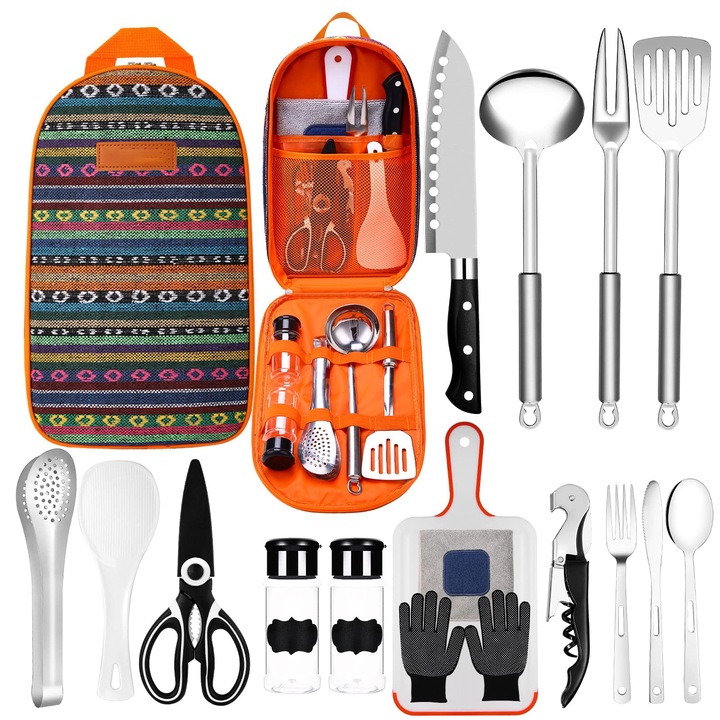 Set ustensile de bucatarie MWAOWM pentru camping, 16 piese, inox, cu geanta de depozitare