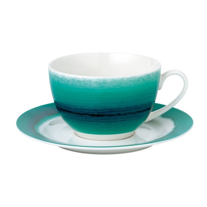 Ceasca si farfurioara SHZ10001, set 12 piese, portelan, verde + alb, 220 ml