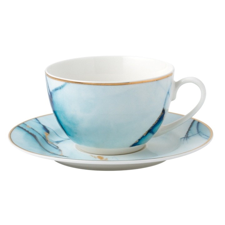 Ceasca si farfurioara SHJ10830, set 12 piese, portelan, alb + albastru, 220 ml