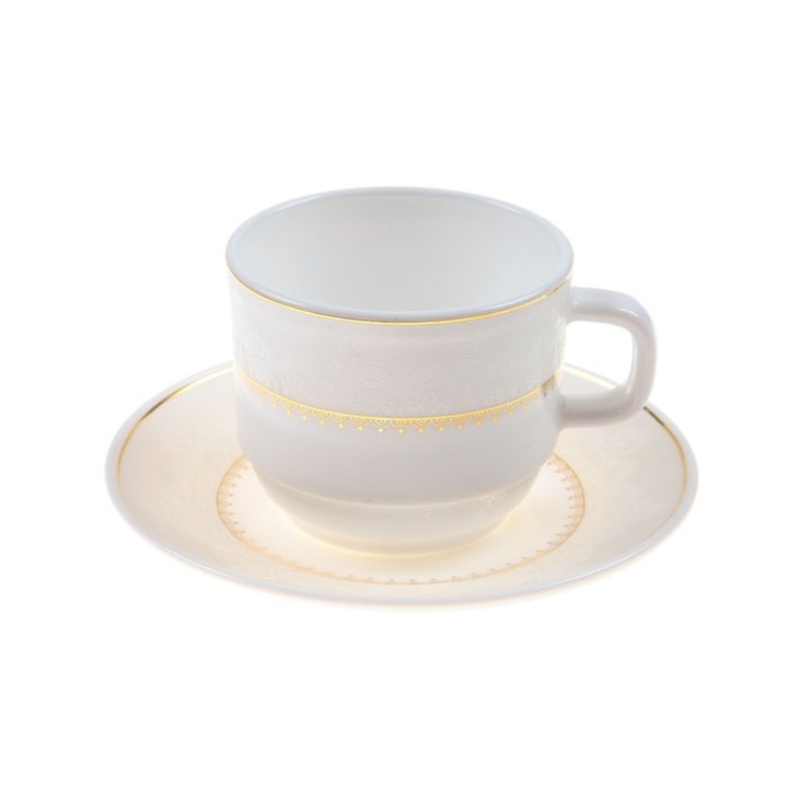 Ceasca si farfurioara cafea 19064GE, sticla termica, alb + auriu, 250 ml