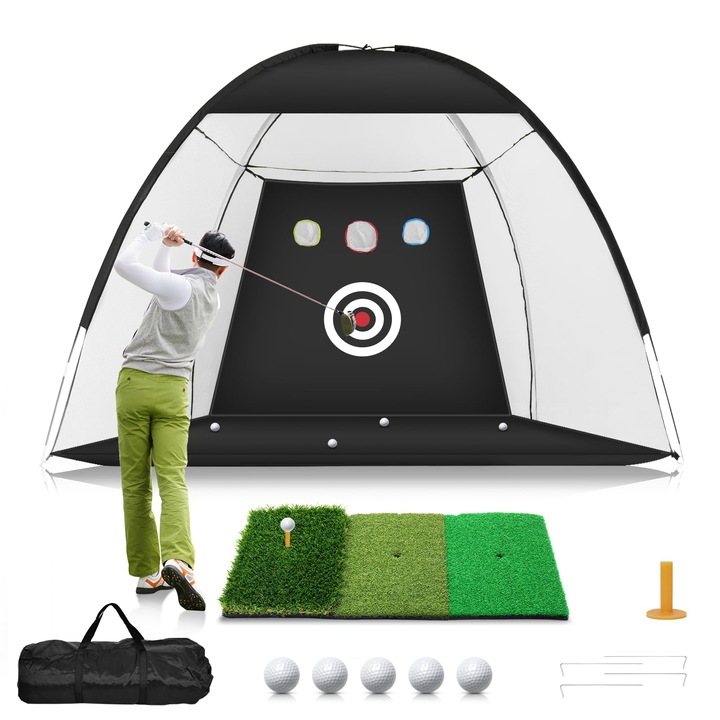 Set de Golf MWAOWM, Plasa de Antrenament 10x7x6 ft cu Tinta, Covoras Tri-Turf, 5 Mingi, Geanta, Multicolor