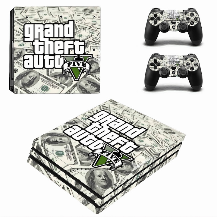 Matrica / fólia konzol és két kontroller dekor, Playstation 4 Pro-hoz, Grand Theft Auto V stílus
