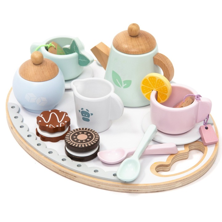 Set de joaca din lemn Ceainic, UMU, 14 piese, cesti, farfurii, lamaie, de la 3 ani