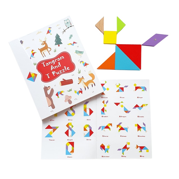 Joc Educativ din lemn, Tangram cu 7 piese geometrice, + 3 ani