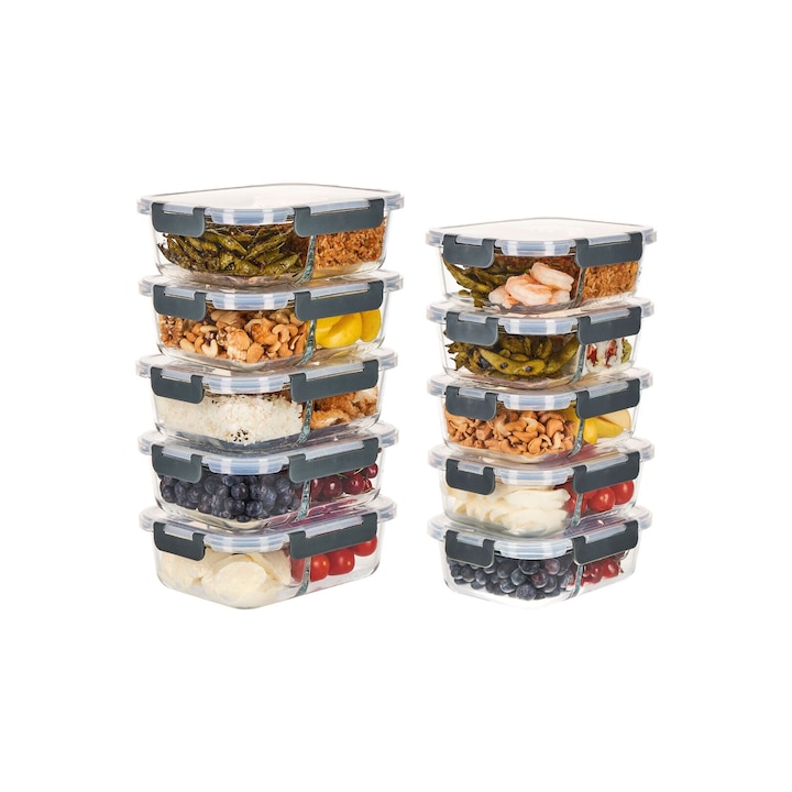 Set 10 caserole compartimentate 1020 ml + 1460 ml pentru mancare, Ordino, etanse, sticla dubla, fara BPA, inchidere usoara, garnitura detasabila, compatibil masina de spalat, cuptor, congelator