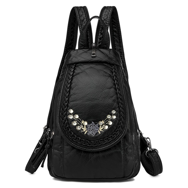 Női hátizsák, Crossbody, BYONDSELF, hímzett mintával, állítható pántokkal sokoldalú, lopásgátló, vízálló, PU, 24 × 28 × 10 cm, fekete