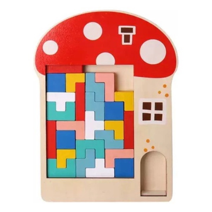 Fa Tetris játék, Gomba modell, Oktatási, puzzle darabokkal, Montessori, motoros készségek, érzékszervi és kreativitás fejlesztése, 3 éves kor felett