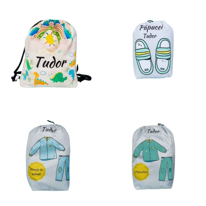 Rucsacel - Kit-ul copilului ordonat Gradinita/Cresa Personalizabil, Baietel - Dino, 4 piese