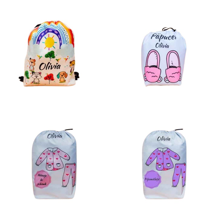 Rucsacel - Kit-ul copilului ordonat Gradinita/Cresa Personalizabil, Fetita - Animalute, 4 piese