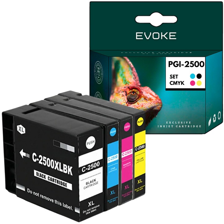 Комплект от 4 касети с мастило за принтер Canon PGI2500 CMYK, 75 ml и 2500 страници черни, 23 ml и 1500 страници всеки цвят, PGI-2500, съвместими с MAXIFY MB5050 MB5150 MB5350 MB5450 Ib4050