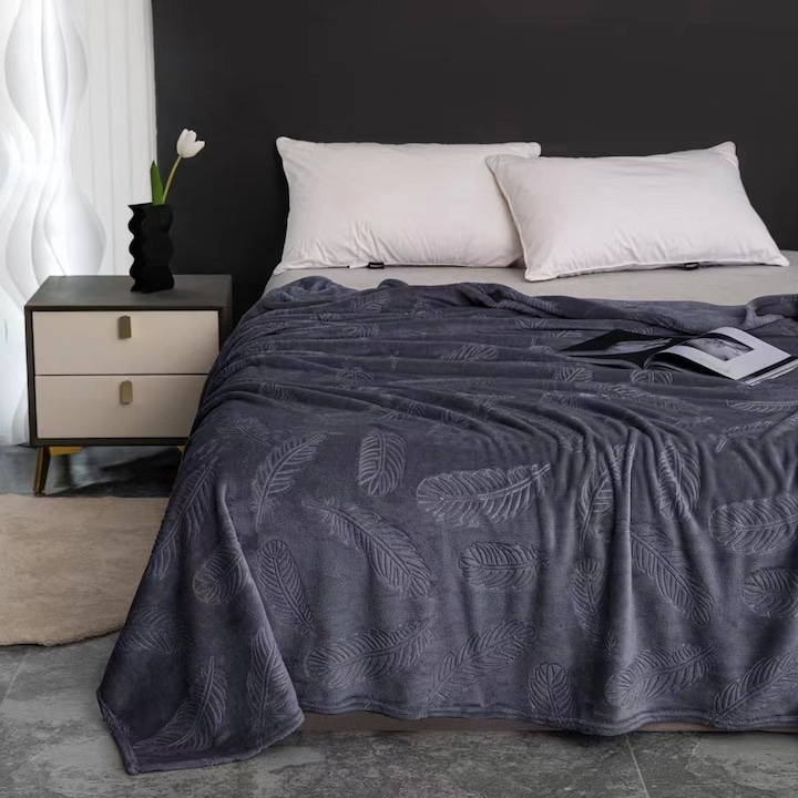 Patura cocolino pufoasa pat dublu, model embosat frunze, YM-4, gri inchis, 200 x 230 cm