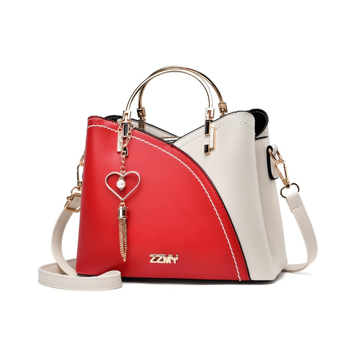 Елегантна дамска чанта през рамо, универсален дизайн, екологична кожа, множество отделения, метални дръжки, цип и магнит, Червен/бял
