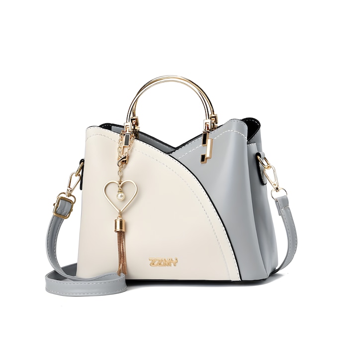 Elegáns női Crossbody táska, sokoldalú dizájn, ökológiai bőr, több rekeszes, fém fogantyúk, cipzár és mágnes, fehér-kék