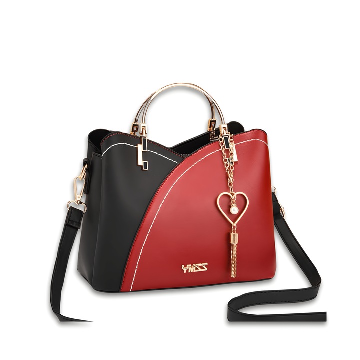 Elegáns női Crossbody táska, sokoldalú kialakítás, ökológiai bőr, több rekeszes, fém fogantyúk, cipzár és mágnes, piros-fekete