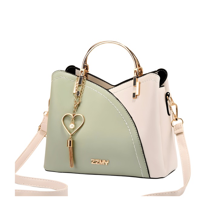 Elegáns női Crossbody táska, sokoldalú dizájn, ökológiai bőr, több rekeszes, fém fogantyúk, cipzár és mágnes, zöld-fehér