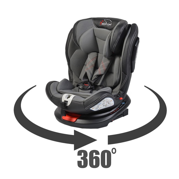 Gyermek autósülés Isofix NOVOKIDS™ Motion PLUS-szal, Prémium Modell, 360 fokos elforgatással, R-129 i-Size jóváhagyással, 0-36 kg, 4 dőlésszögű, Autósüléssé alakítható, Biztonsági övrögzítő rendszer, Levehető huzat, Szürke