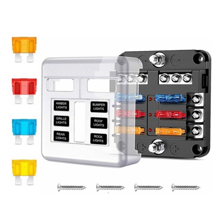 Cutie sigurante auto 6 cai BOMSTOM, indicator LED, capac protectie, multicolor