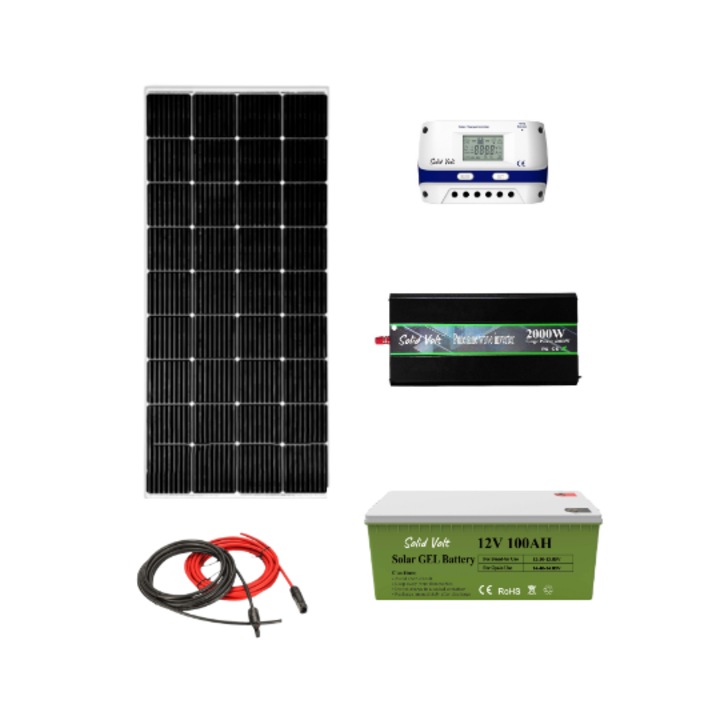 Kit solar fotovoltaic off grid Solid Volt, invertor 2000W/4000W 12V, panou solar 100W, regulator/ controller 30A, baterie solara cu gel 105Ah si 20 m cablu solar cabana, rulota, casa, autorulota, container, iluminat