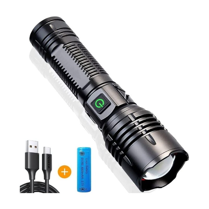 LED lámpa 15000 lumen, XHP99 taktikai lámpa, USB újratölthető, 5 mód, kempingezéshez