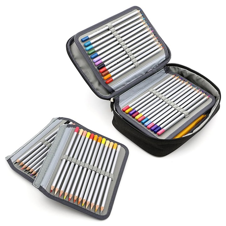 Penar de mare capacitate cu fermoar - Penar multifunctional pentru papetarie, 72 de sloturi, penar colorat, pungi portabile pentru creioane cu 2 maneci detasabile, negru
