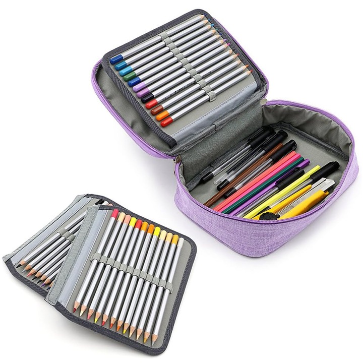 Penar de mare capacitate cu fermoar - Penar multifunctional pentru papetarie, 72 de sloturi, penar colorat, pungi portabile pentru creioane cu 2 maneci detasabile, violet