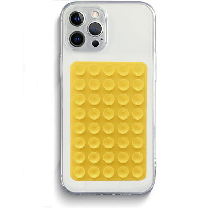 Univerzális, öntapadós telefon-/tablettartó 40 tapadókoronggal, TikTok / szelfi / videó nézéshez, szilikon, sárga