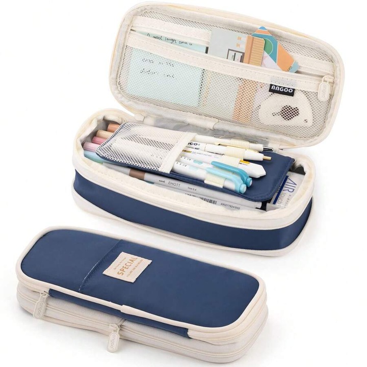 Penar scolar Special, 1 Compartiment cu Clapeta Interioara, Capacitate mare, Multifunctional, Dimensiune reglabila, 22x6.5x10.5cm, Albastru Inchis