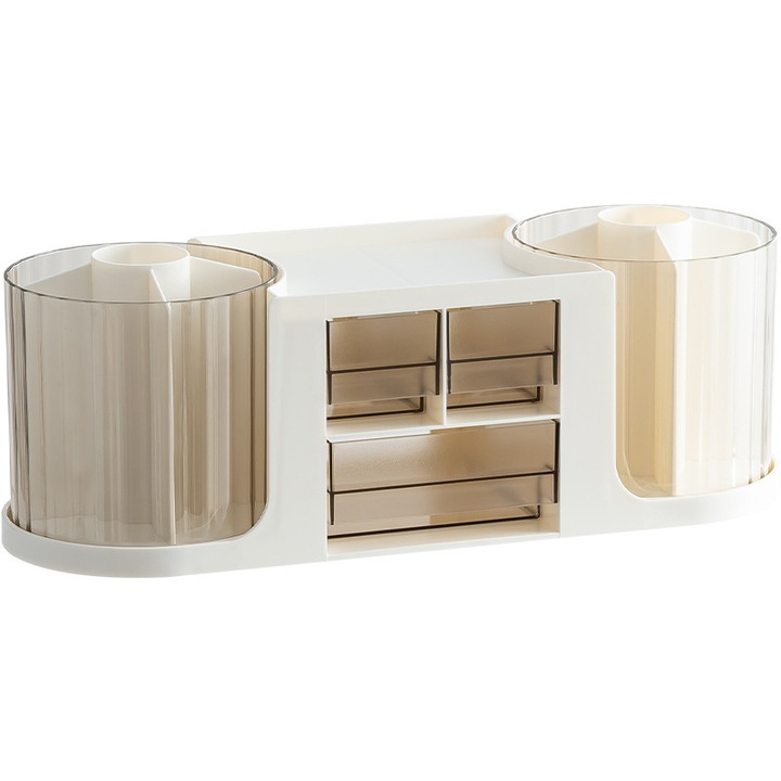 Suport pentru pixuri, transparent cu rotatie la 360 °, capacitate mare, sertar vizibil, opt role in partea de jos, design detasabil, alb