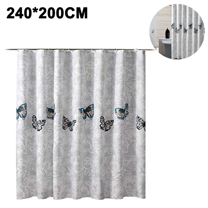 Perdea de dus, antifungica si rezistenta la apa, poliester, 240x200cm, set 12 carlige