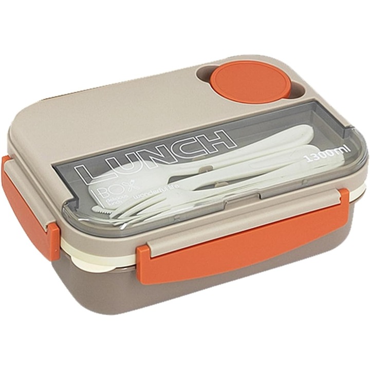 Кутия за обяд или закуска, с множество отделения, непропусклива, за деца и възрастни, с прибори за хранене, устойчива на микровълнова фурна, с контейнер за сос, 23x16,3x8,2 см, сива