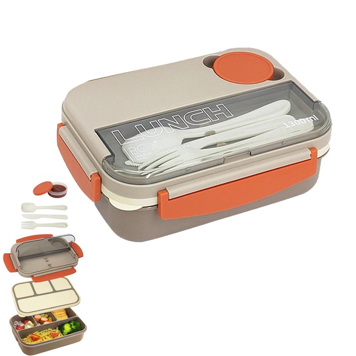 Cutie pentru Pranz sau Gustari cu Compartimente Multiple, Etanse, pentru Copii si Adulti, cu Tacamuri, Rezistenta la Microunde, Cu recipient de sos, 23x16.3x8.2 cm, Gri