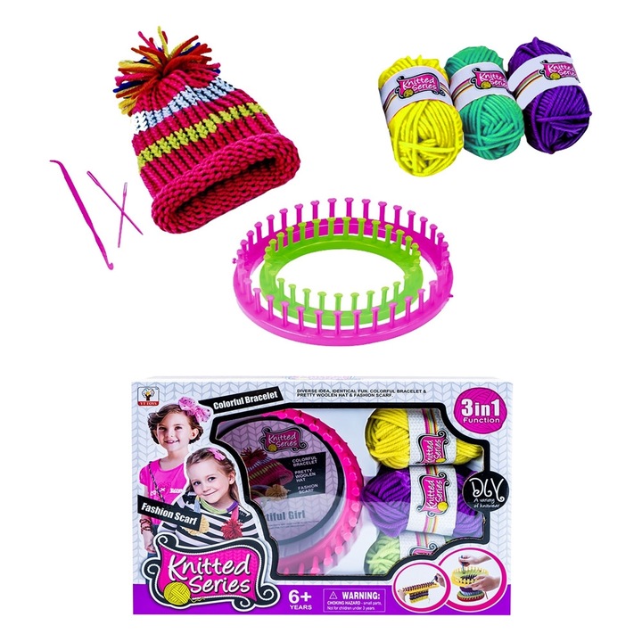 Set pentru tricotat și croșetat, ROBEN, gherghef cu 36 cuie, fire textil galben, verde și mov, dimensiuni 25x23.5x4.3 cm