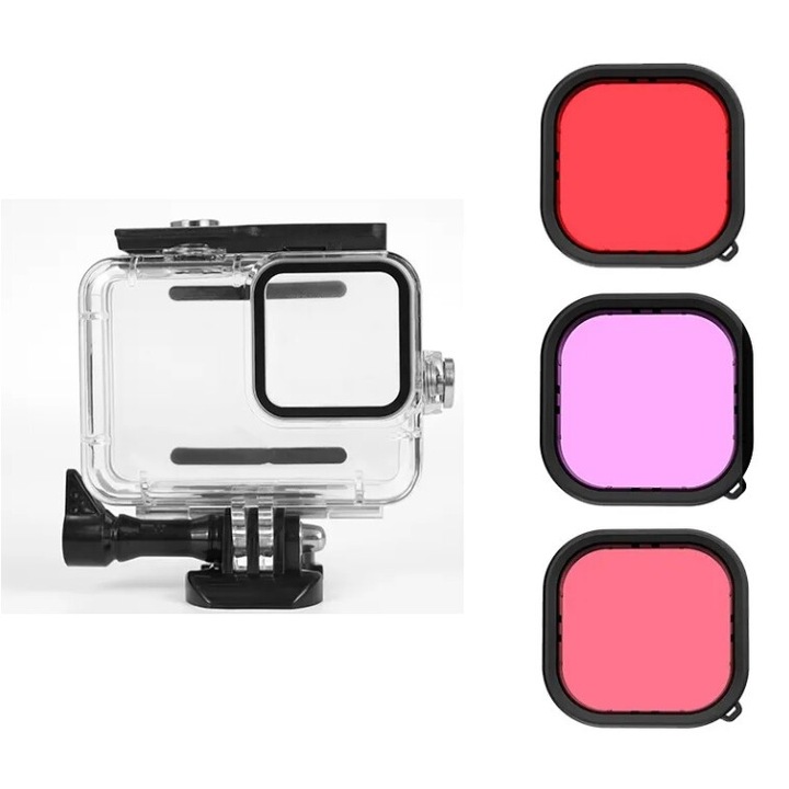 Водоустойчив калъф + комплект от 3 подводни филтри за подводно заснемане, Съвместим с GoPro Hero 9 Hero 10 Hero 11 Hero 12 Hero 13, Прозрачен / удароустойчив