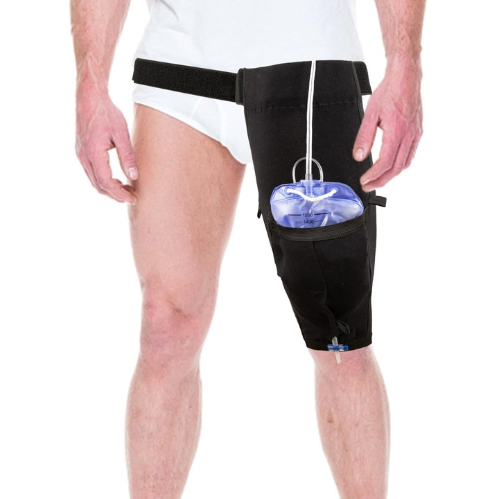 Suport sac pentru picior pentru cateter, WALALLA, Geanta pentru picior pentru urina cu maneci pentru cateter, cu centura reglabila, design invizibil, marime L, negru