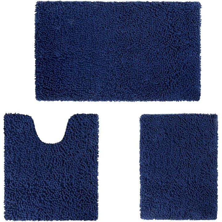 Set 3 covorase de baie, Amrinugl, Microfibra, Non-alunecare, 50x80cm, 40x60cm, 50x60cm, Bleumarin