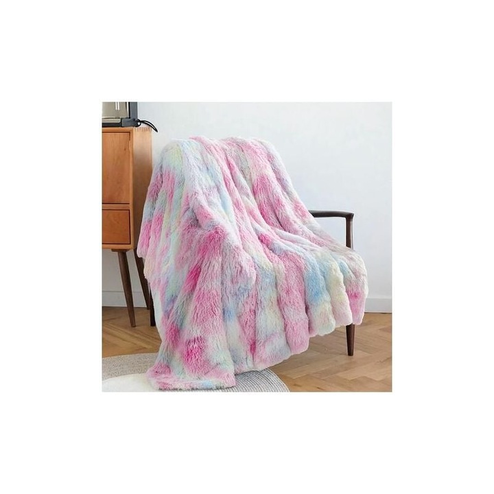Patura din blana sintetica moale Enforose, model tie-dye curcubeu, 130x160cm
