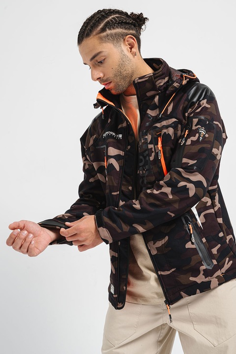 Geo Norway, Techno terepmintás télikabát kapucnival, Konyakbarna/Khaki/Tevebarna