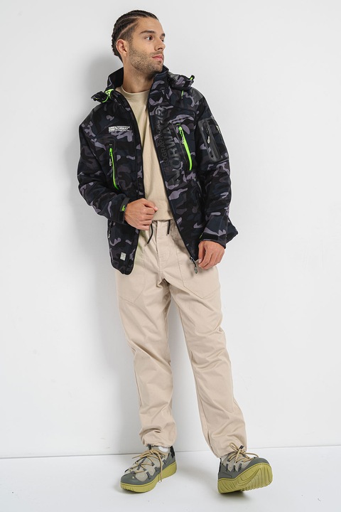 Geographical Norway, Geaca cu model si gluga, Negru/Gri deschis/Gri carbune